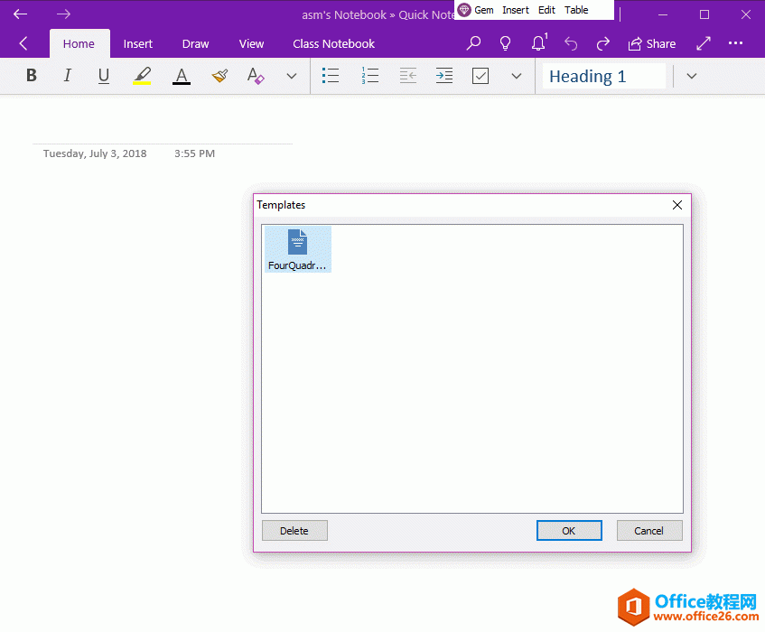 ��δӲ˵�ģ�������У���ѡģ����뵽 OneNote ��