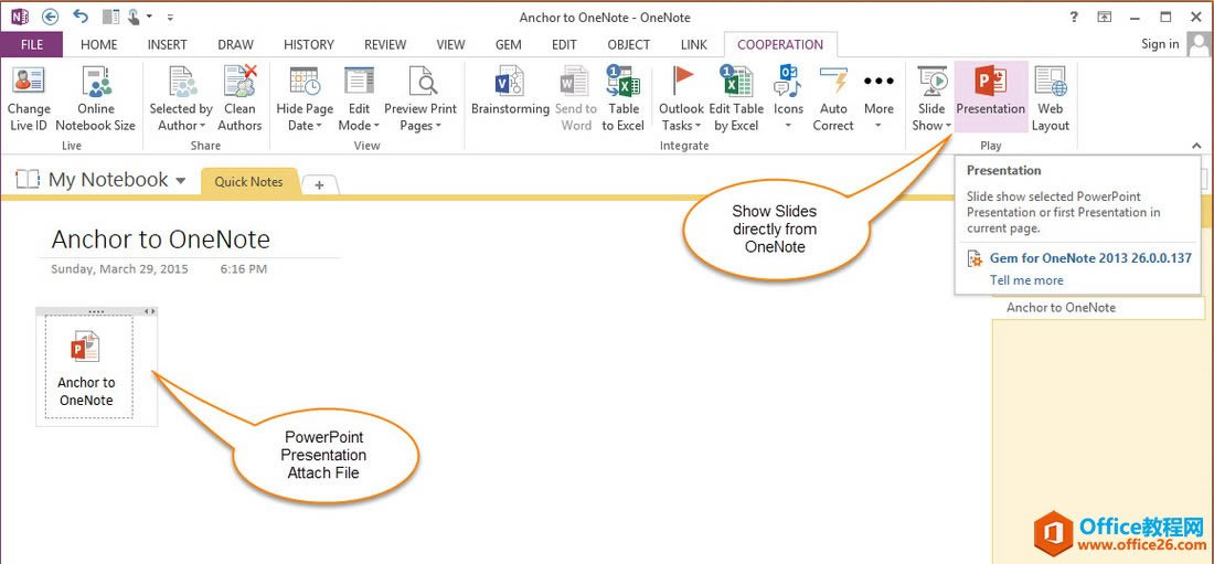 ���ֱ�Ӵ� OneNote �з�ӳ PowerPoint ��ʾ�ĸ帽��