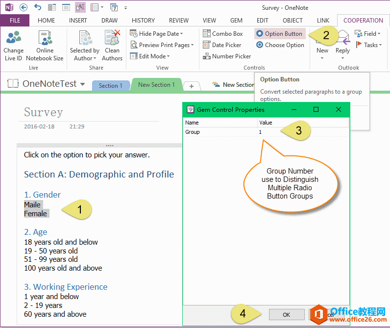 ����� OneNote ��ʹ�õ�ѡ��ť