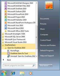 �� Windows �Ŀ�ʼ�˵������� OneNote Gem Fix Tool �޸�����