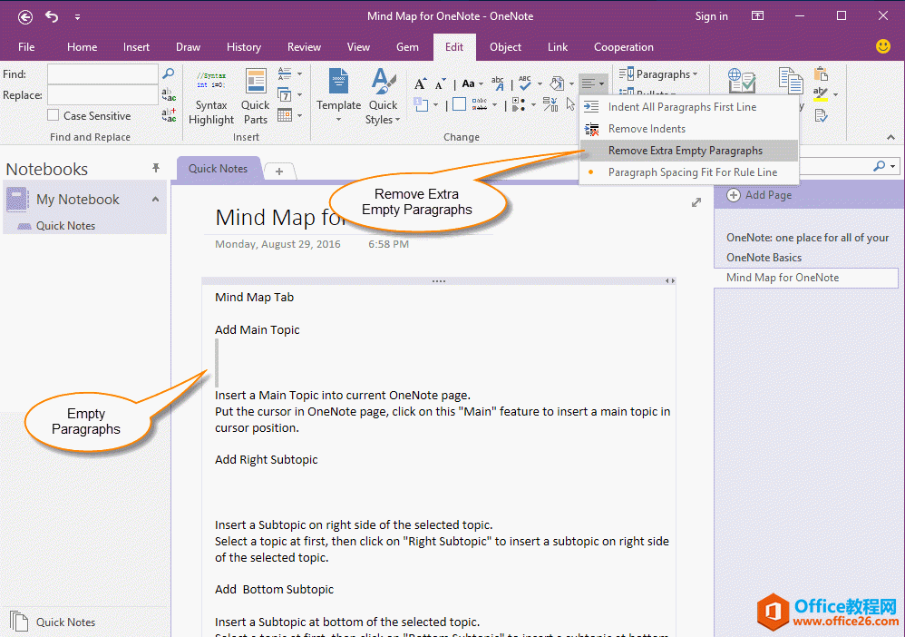 ������ OneNote ҳ���е�ʣ��հ׶��䣨�У���