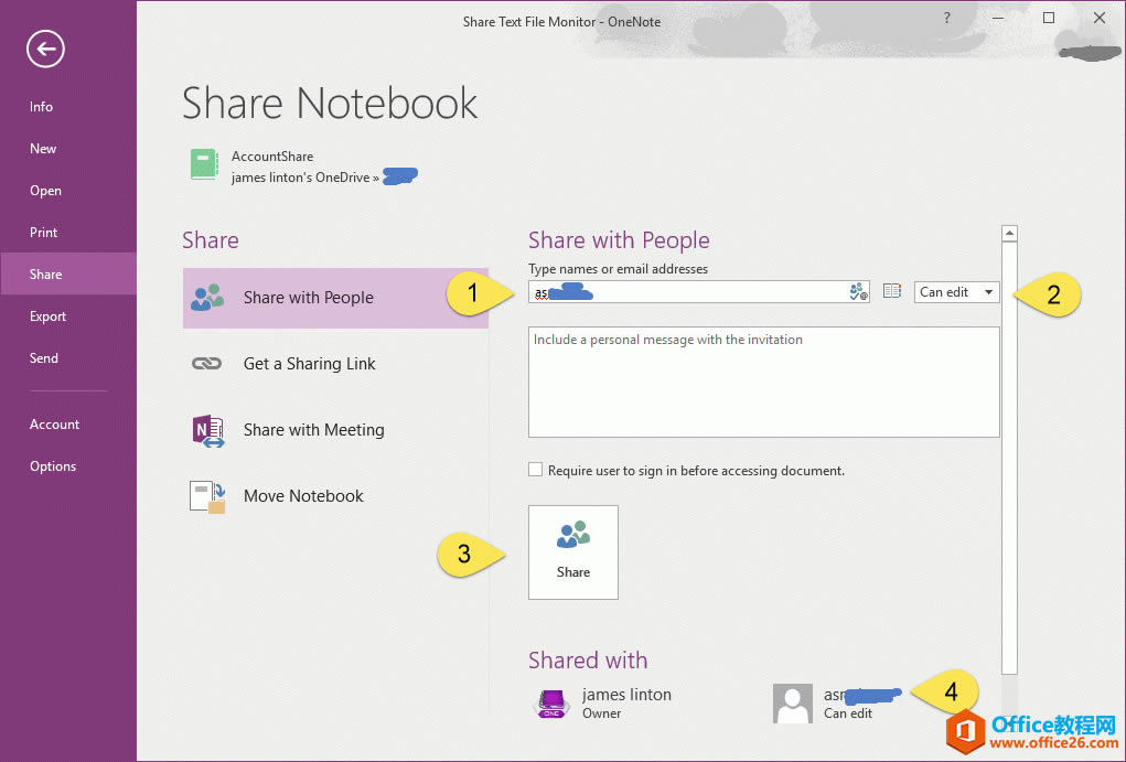 �û� A: �� OneNote 2016 �й���һ���ʼǱ����û� B