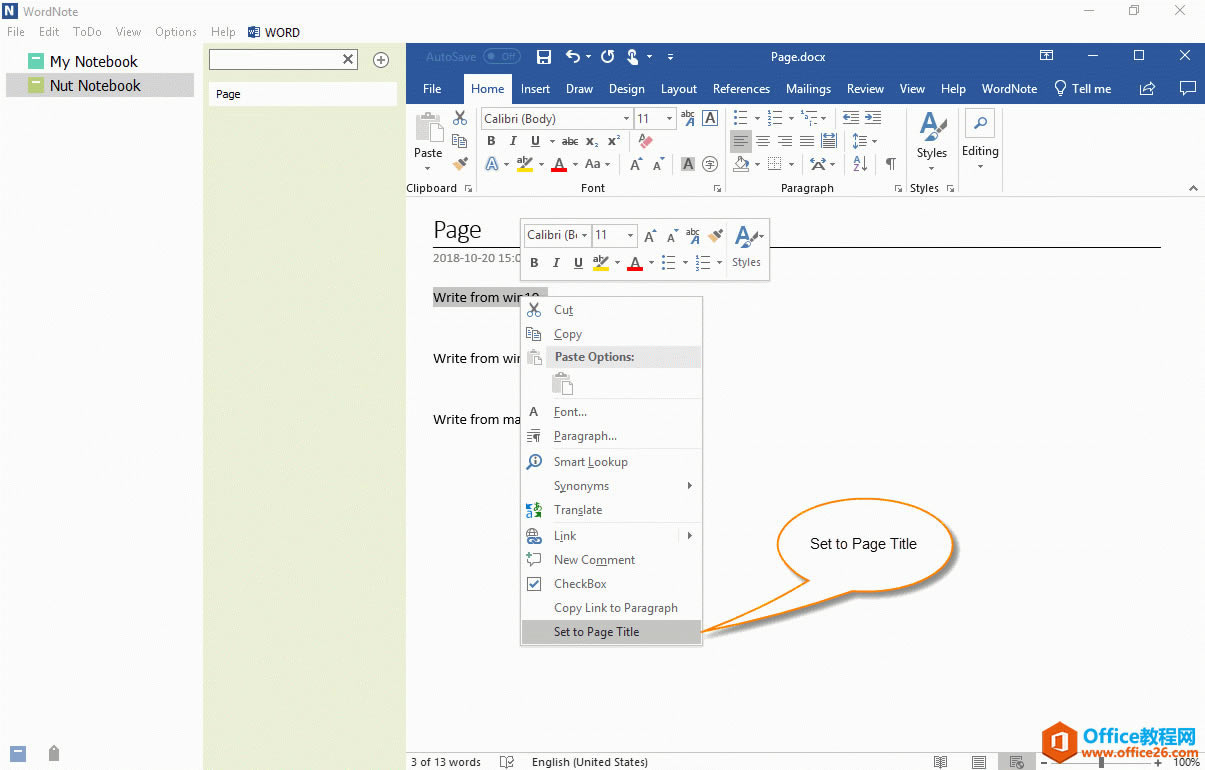 ����� WordNote �а�ѡ�еĶ�����Ϊҳ�����