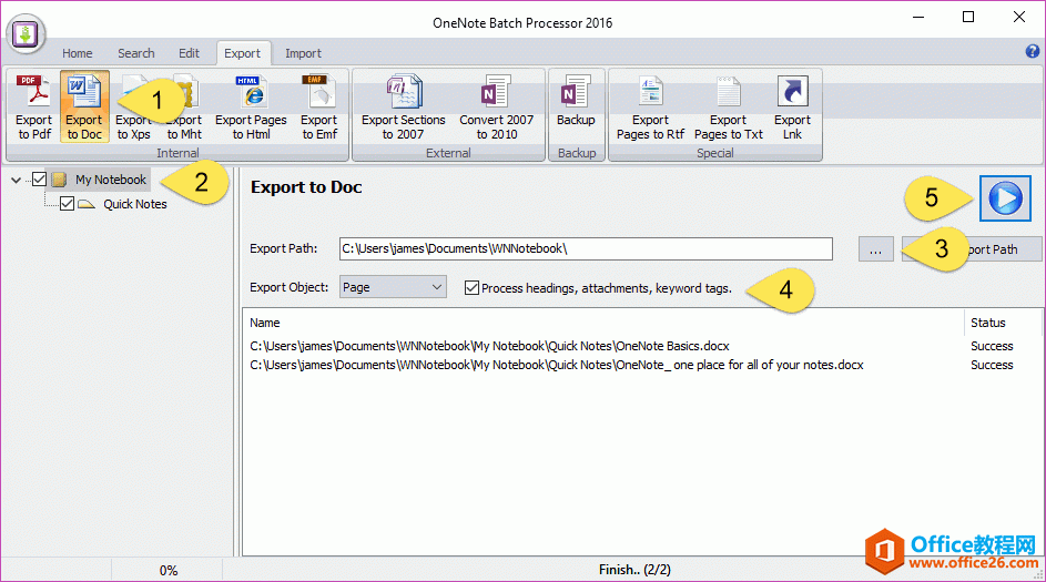 �� OneNote Batch �ﵼ�����бʼǱ���ҳ��Ϊ DOCX �ļ� 