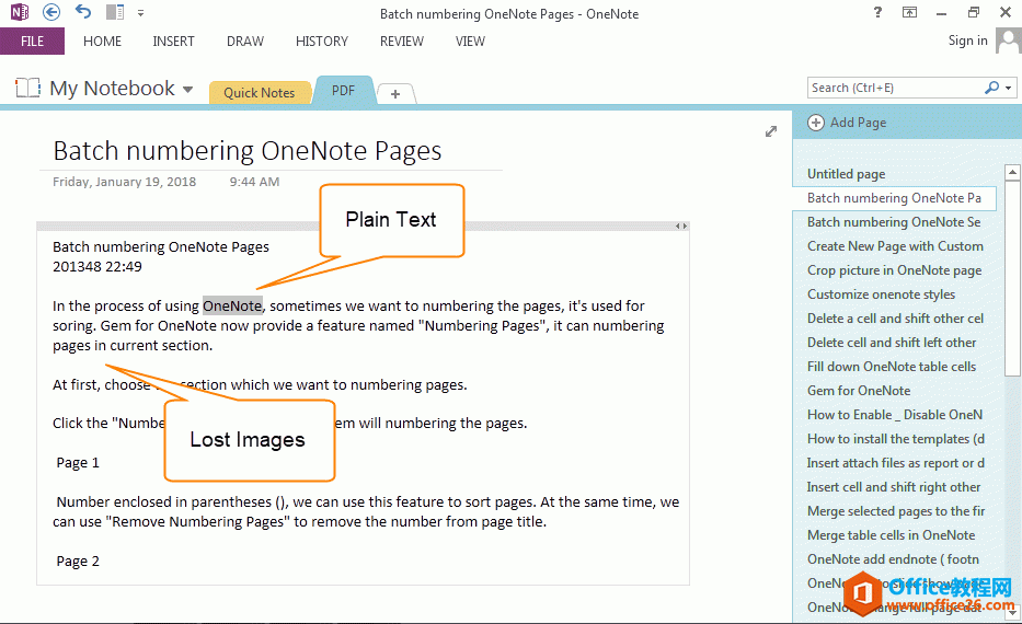 PDF �� OneNote ��Ĵ��ı�ҳ��