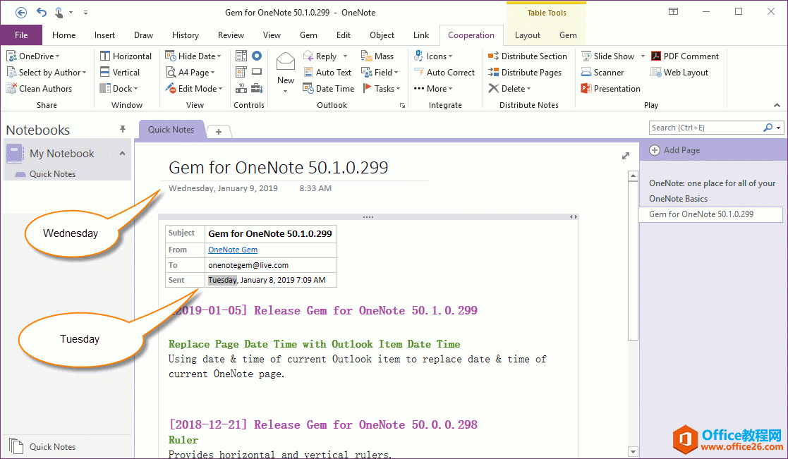 ��η����ʼ��� OneNote �󣬸��� OneNote ҳ�������ʱ��Ϊ Outlook �ʼ�������ʱ��