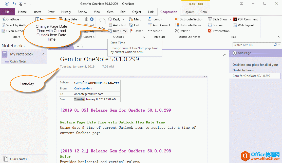�޸� OneNote ҳ������ʱ��Ϊ Outlook �ʼ�����ʱ�� 