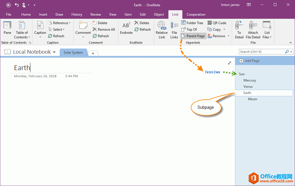 ���Ѹ���� OneNote ��ҳ���ﴴ����ҳ������ӣ��ϼ�ҳ�棩