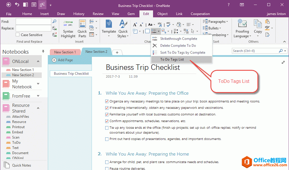 OneNote ��Ĵ��������б�