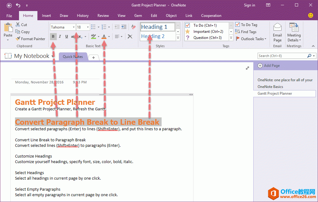 ����Զ����Լ��� OneNote ������ʽ����ɫ�����塢��б��