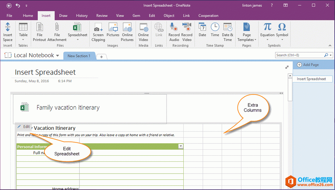 OneNote ����ʾ Excel �����������Ŀհ���