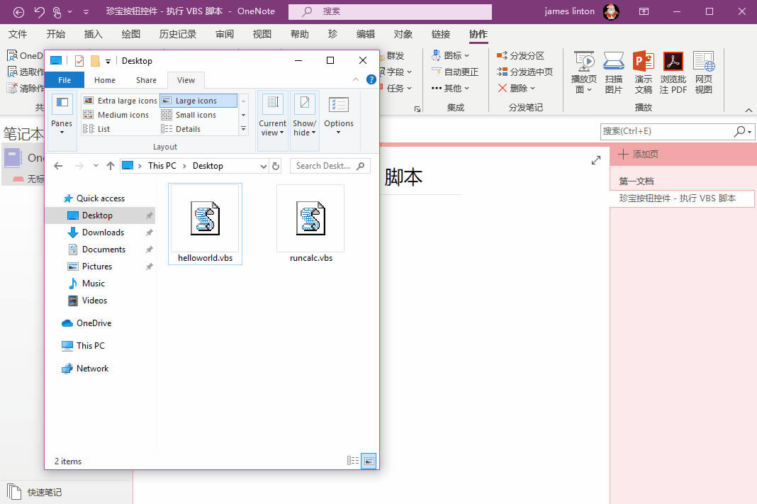 �� OneNote ��ʹ���䱦��ť�ؼ���ִ�� VBS �ű������������ⲿ����