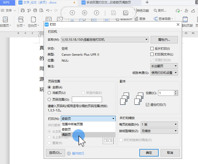 WPS�����ֹ�˫���ӡ�ĵ� ��ӡ����ҳ��ż��ҳ